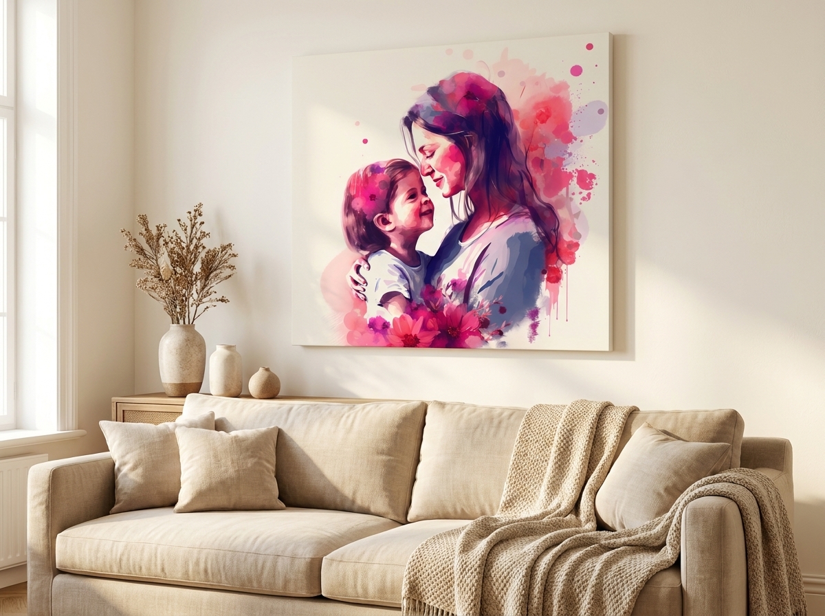 Affectionate Mother and Daughter Watercolor