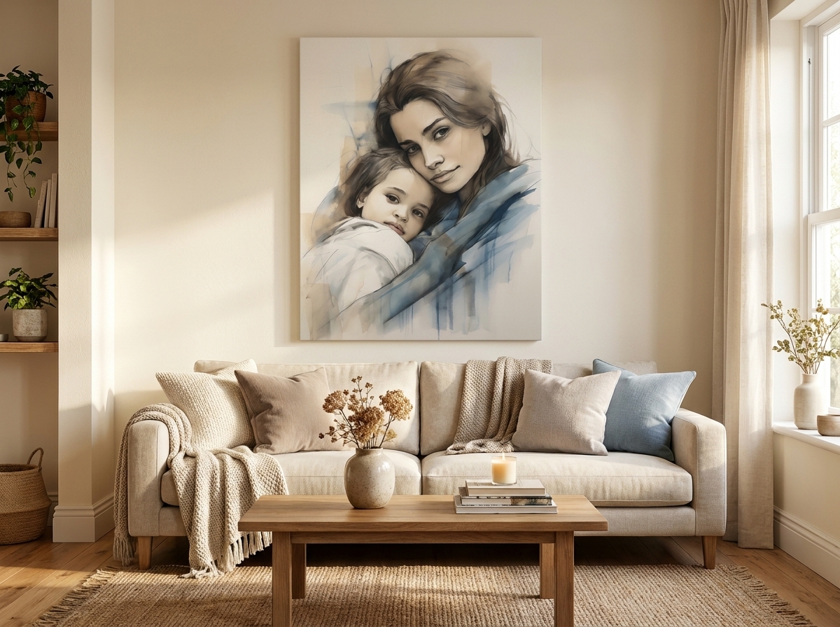 Tender Mother and Child Watercolor Portrait