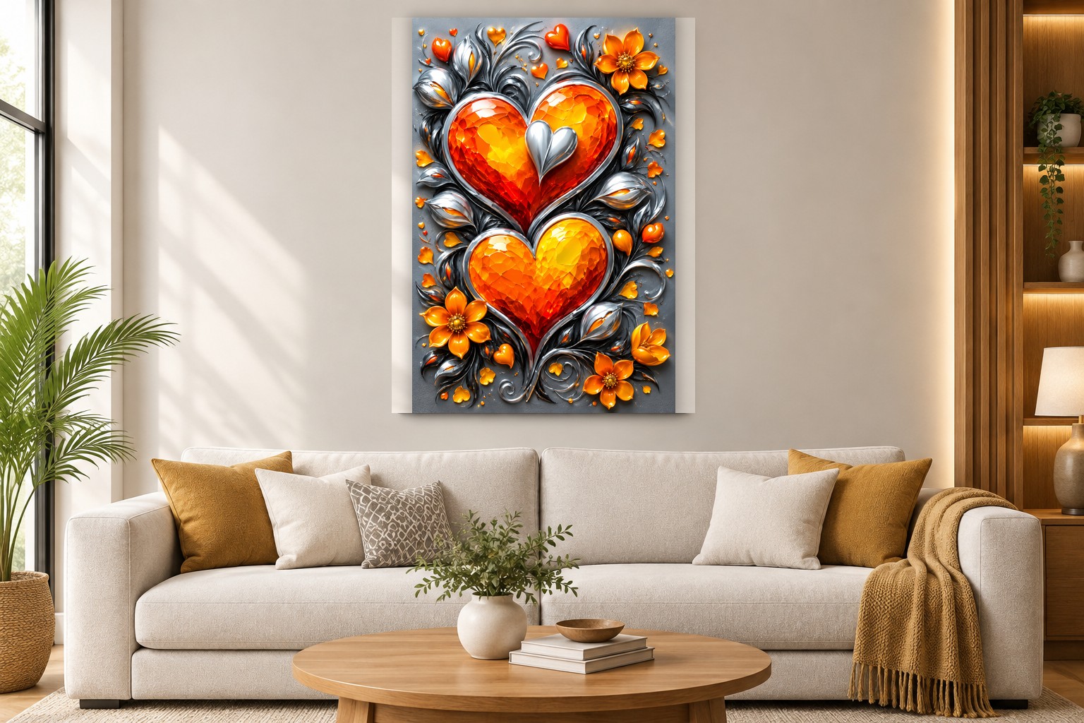 Radiant Orange & Red Hearts with Silver Floral Elegance