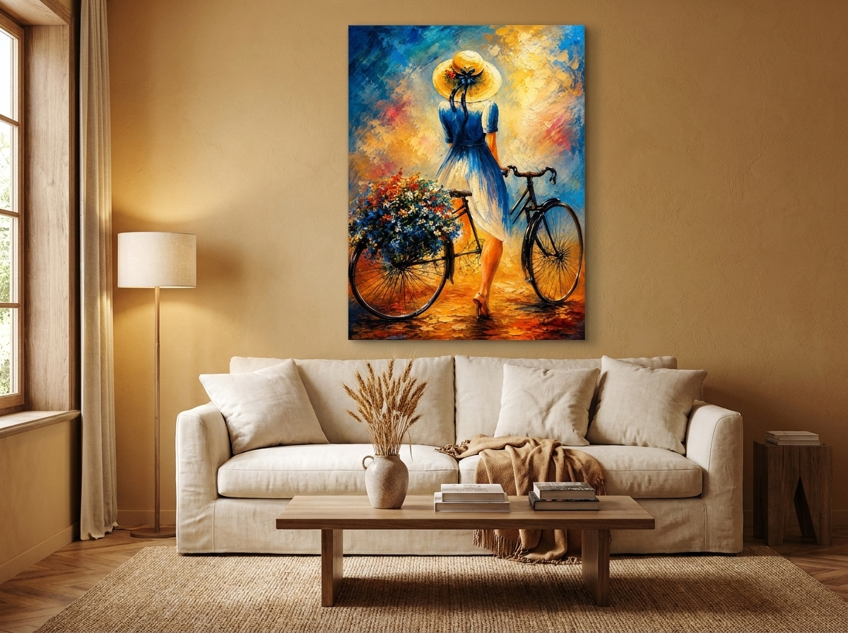 Textured Impasto Woman with Floral Bicycle