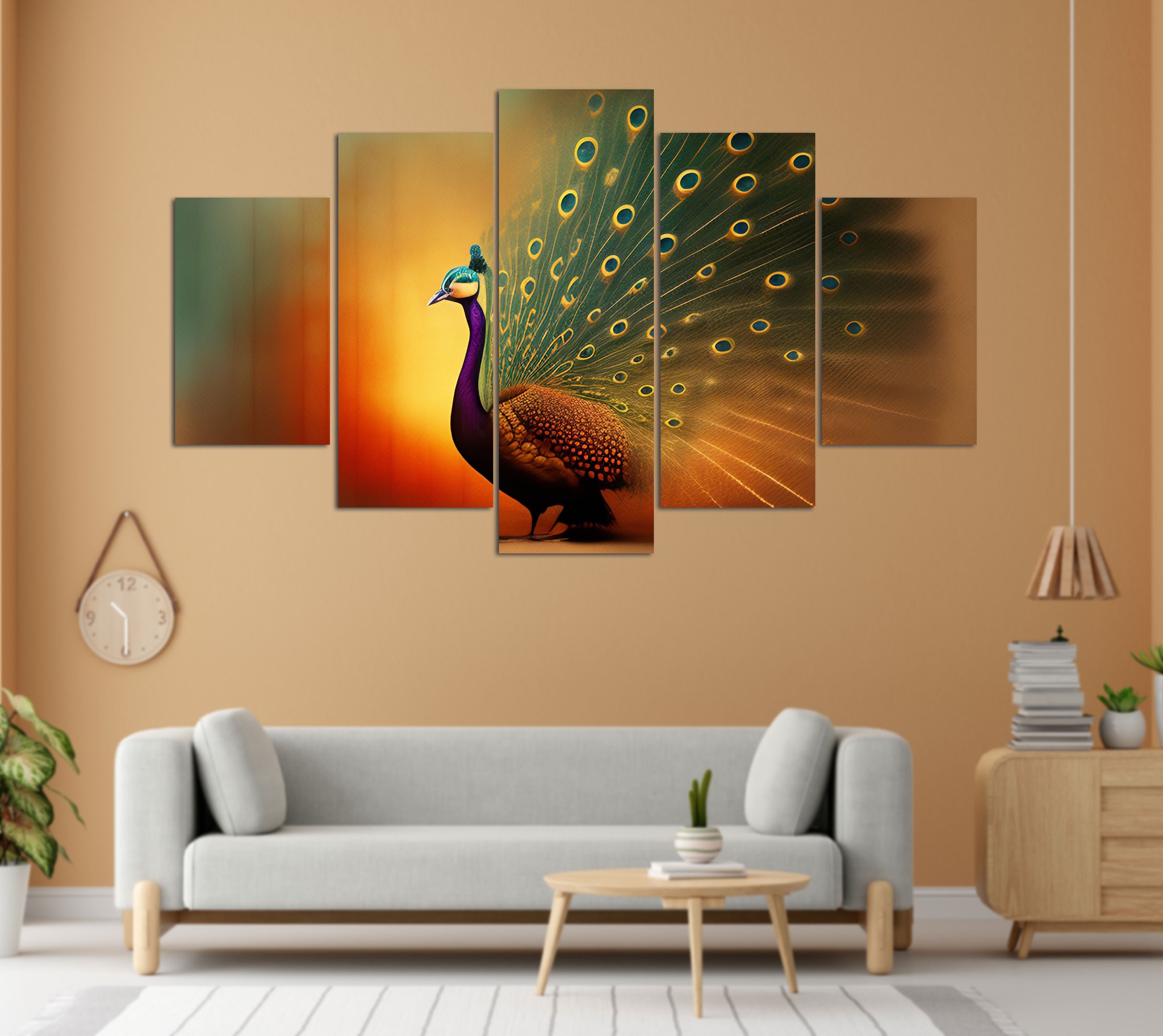 Golden Peacock Plumage Display 5 Panel Canvas Wall Art