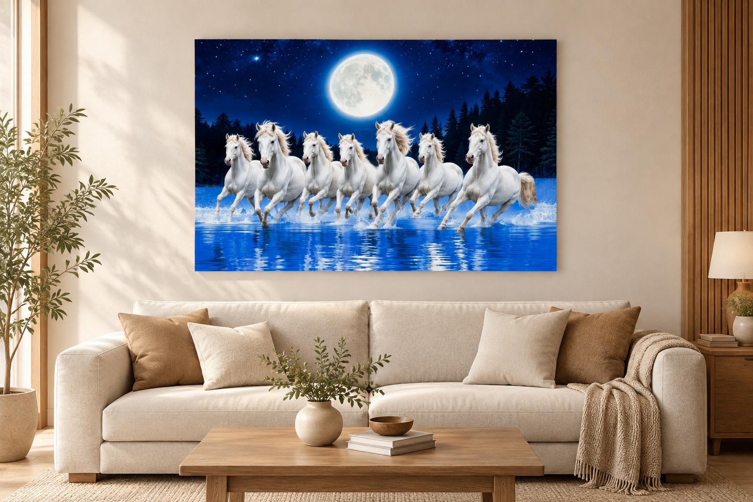 Seven White Horses Moonlight Running Single Panel Canvas Wall Art