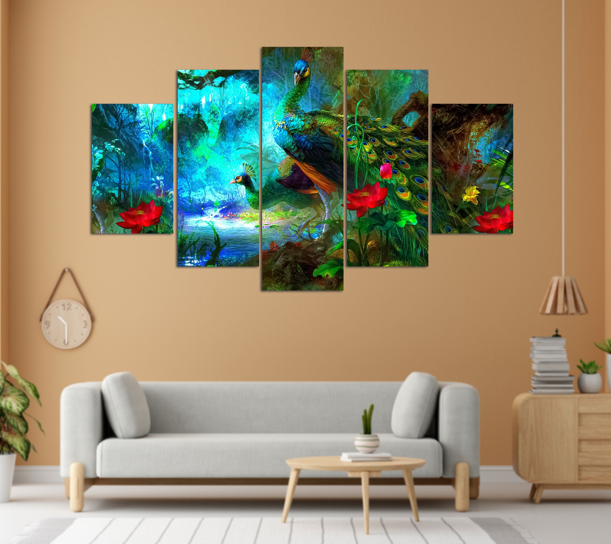 Peacock Mystical Forest Red Lotus 5 Panel Canvas Wall Art