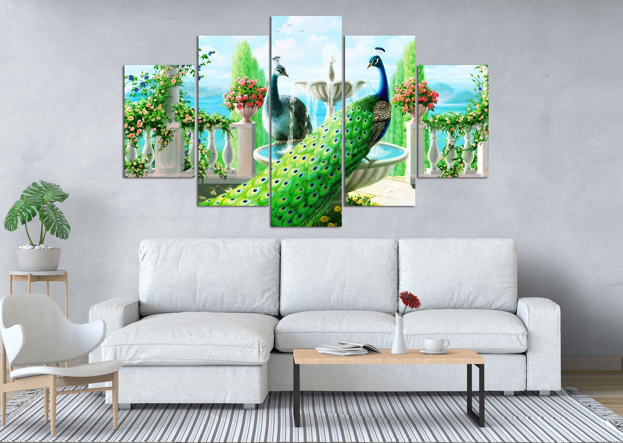 Peacocks Fountain Terrace 5 Panel Canvas Wall Art