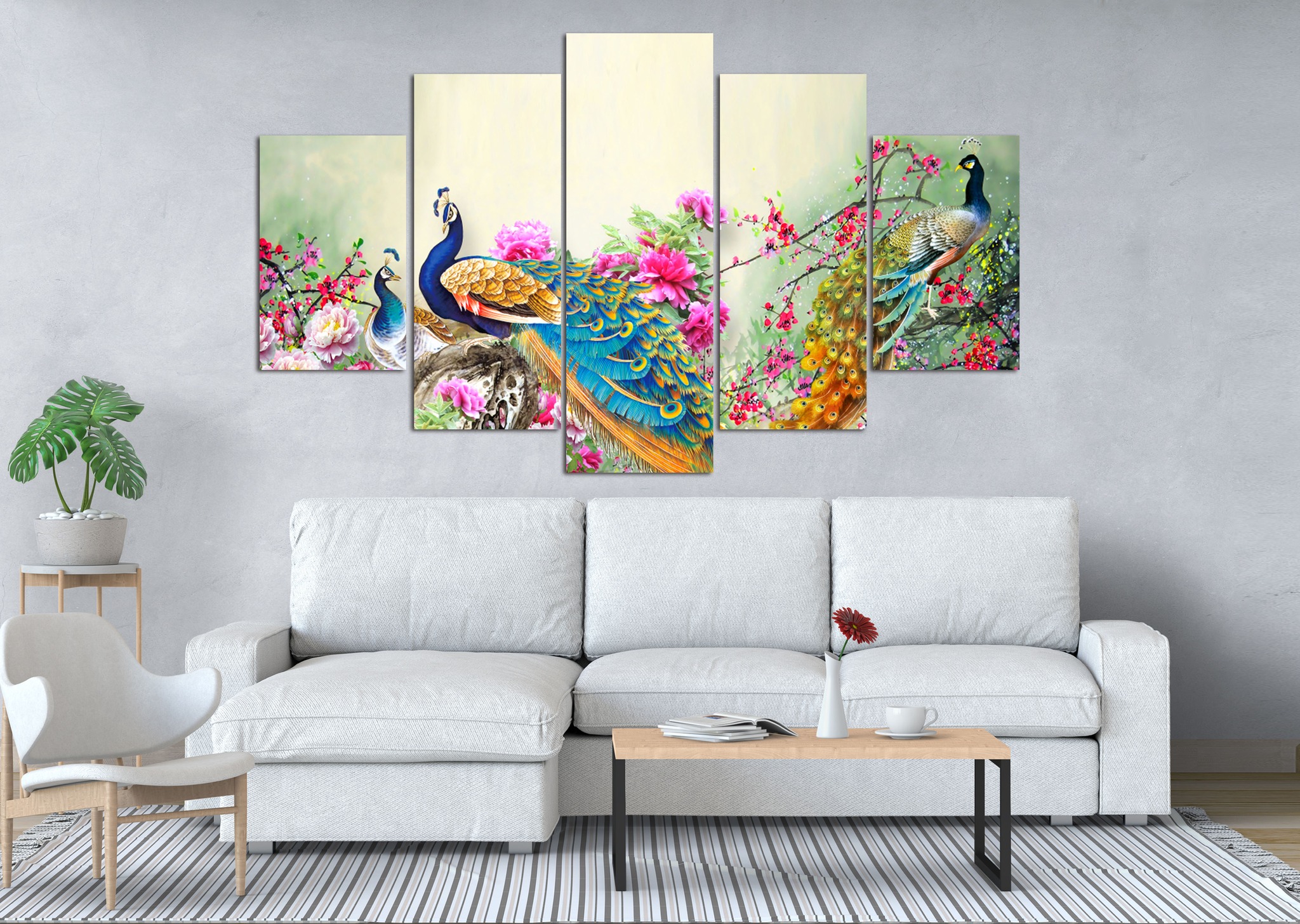 Peacocks and Cherry Blossoms 5 Panel Canvas Wall Art