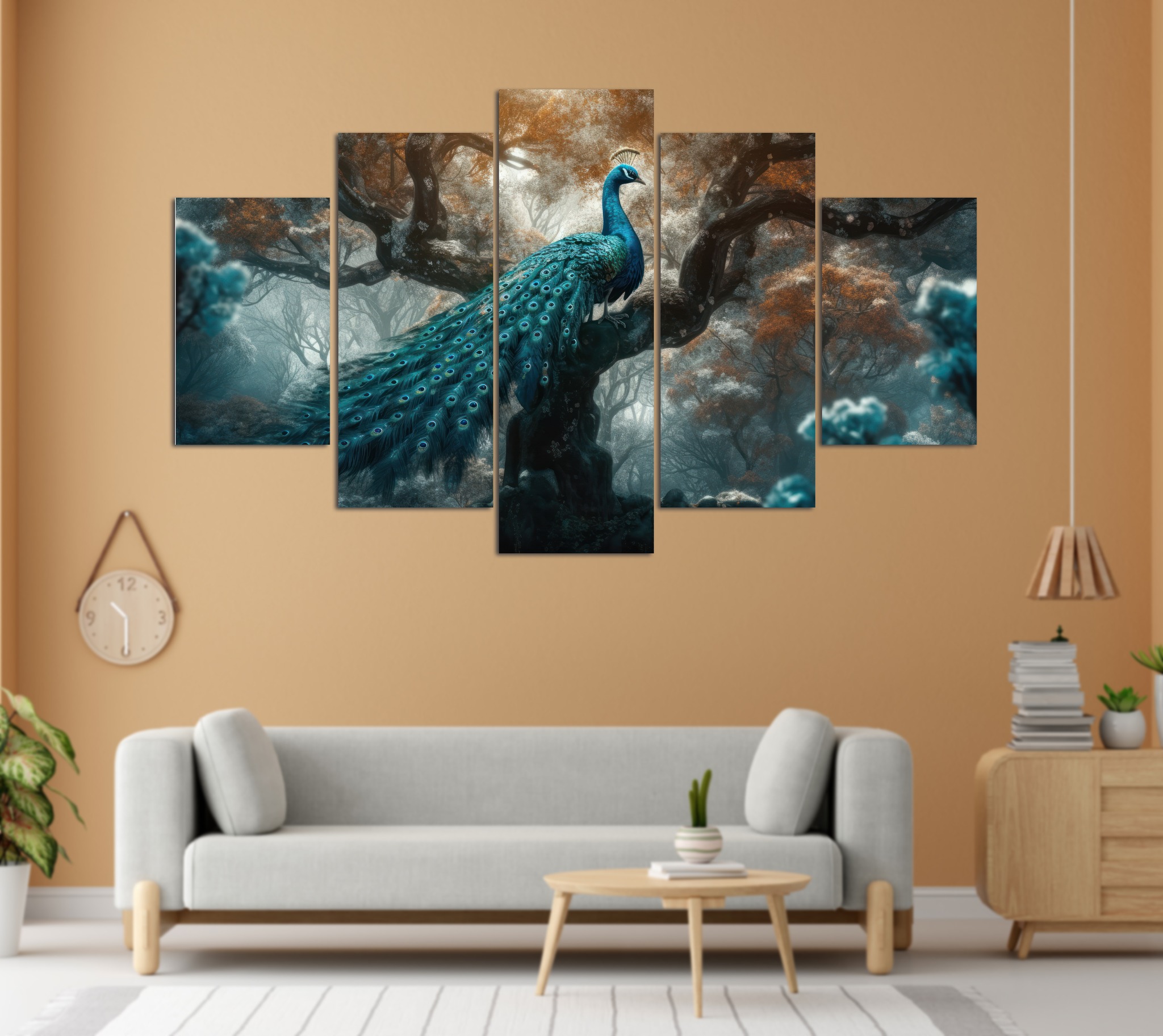 Majestic Peacock Enchanted Forest 5 Panel Canvas Wall Art