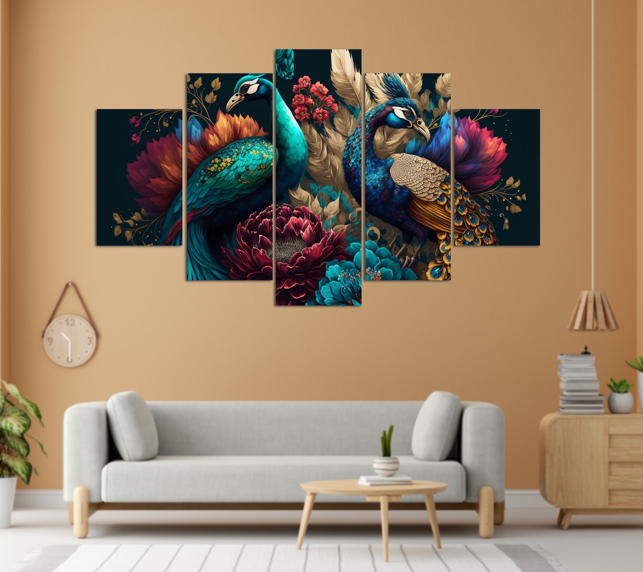 Regal Peacocks Floral Vintage 5 Panel Canvas Wall Art