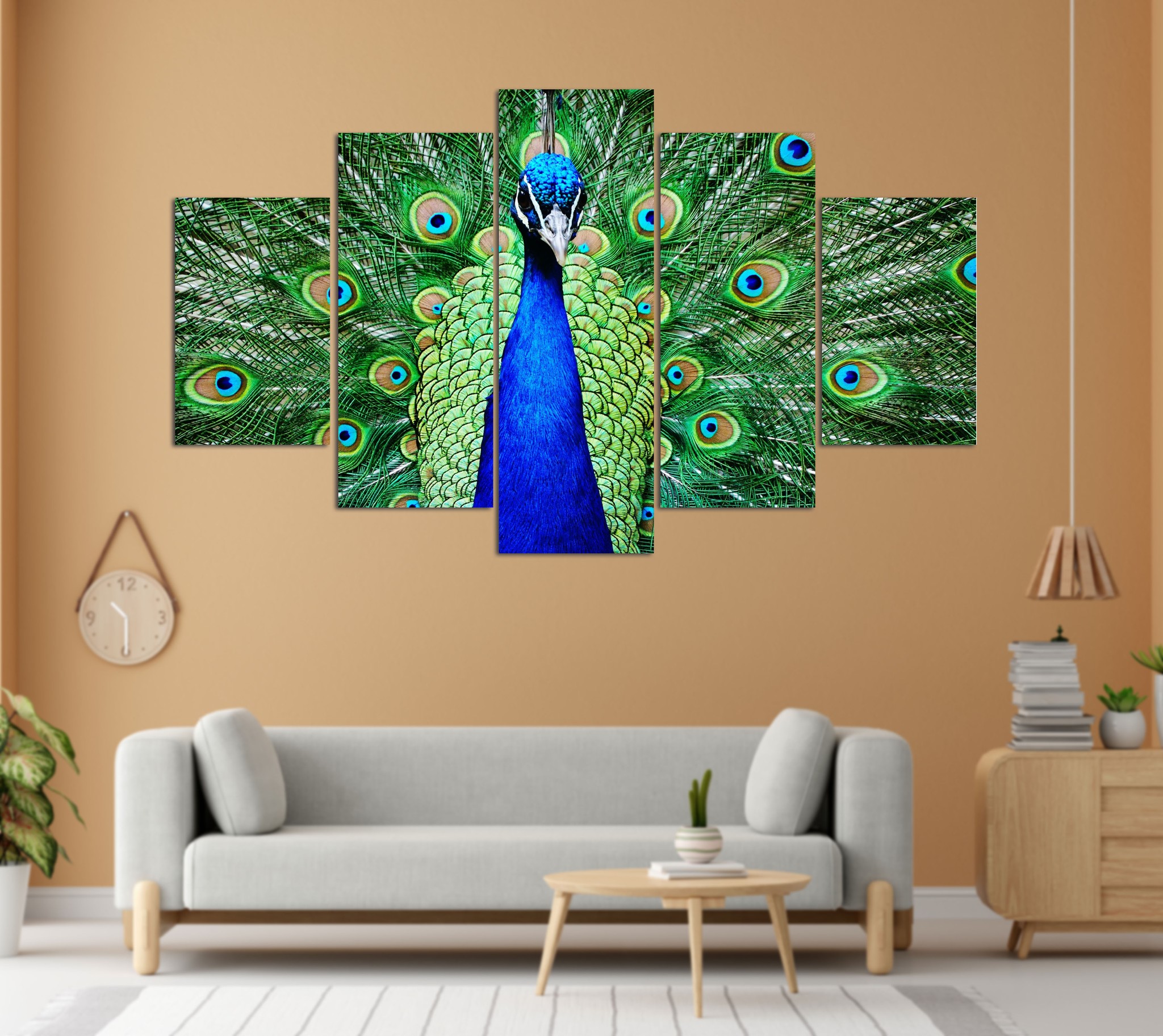 Majestic Peacock Plumes 5 Panel Canvas Wall Art