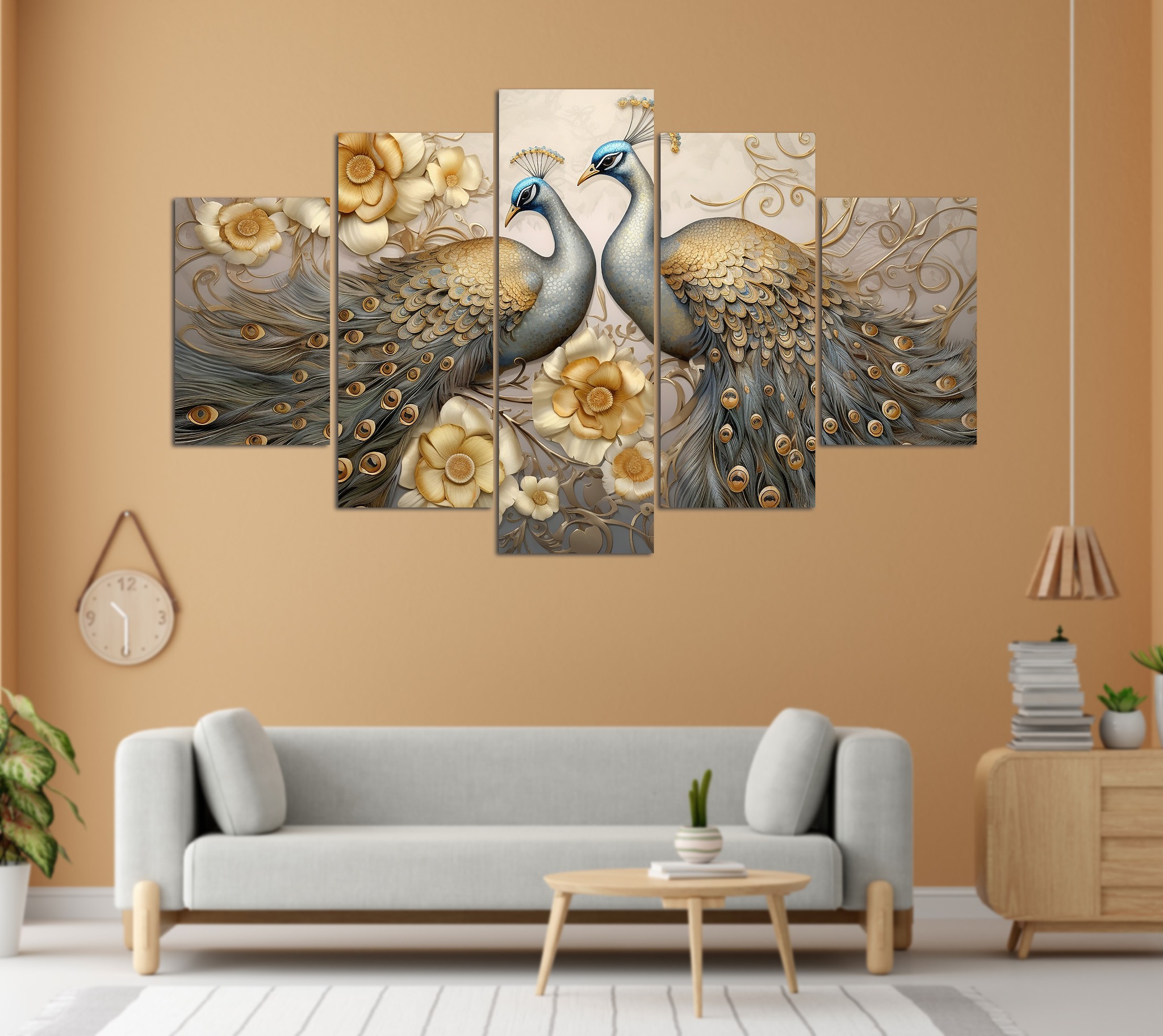 Golden Peacocks Floral 3D Relief 5 Panel Canvas Wall Art