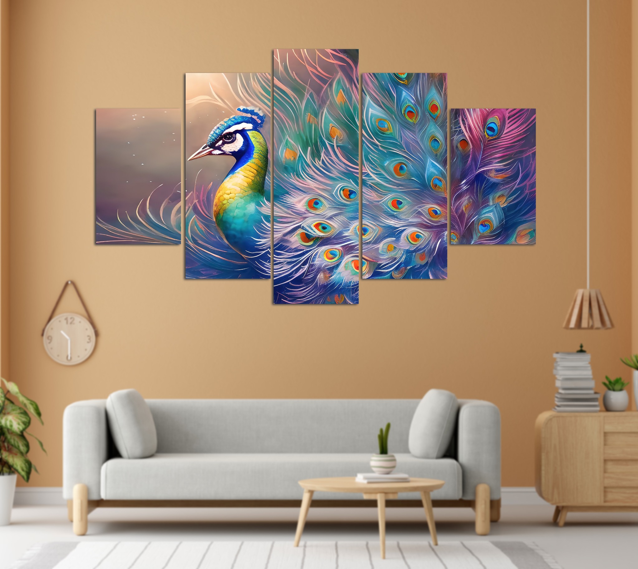 Vibrant Peacock Feather Abstract 5 Panel Canvas Wall Art