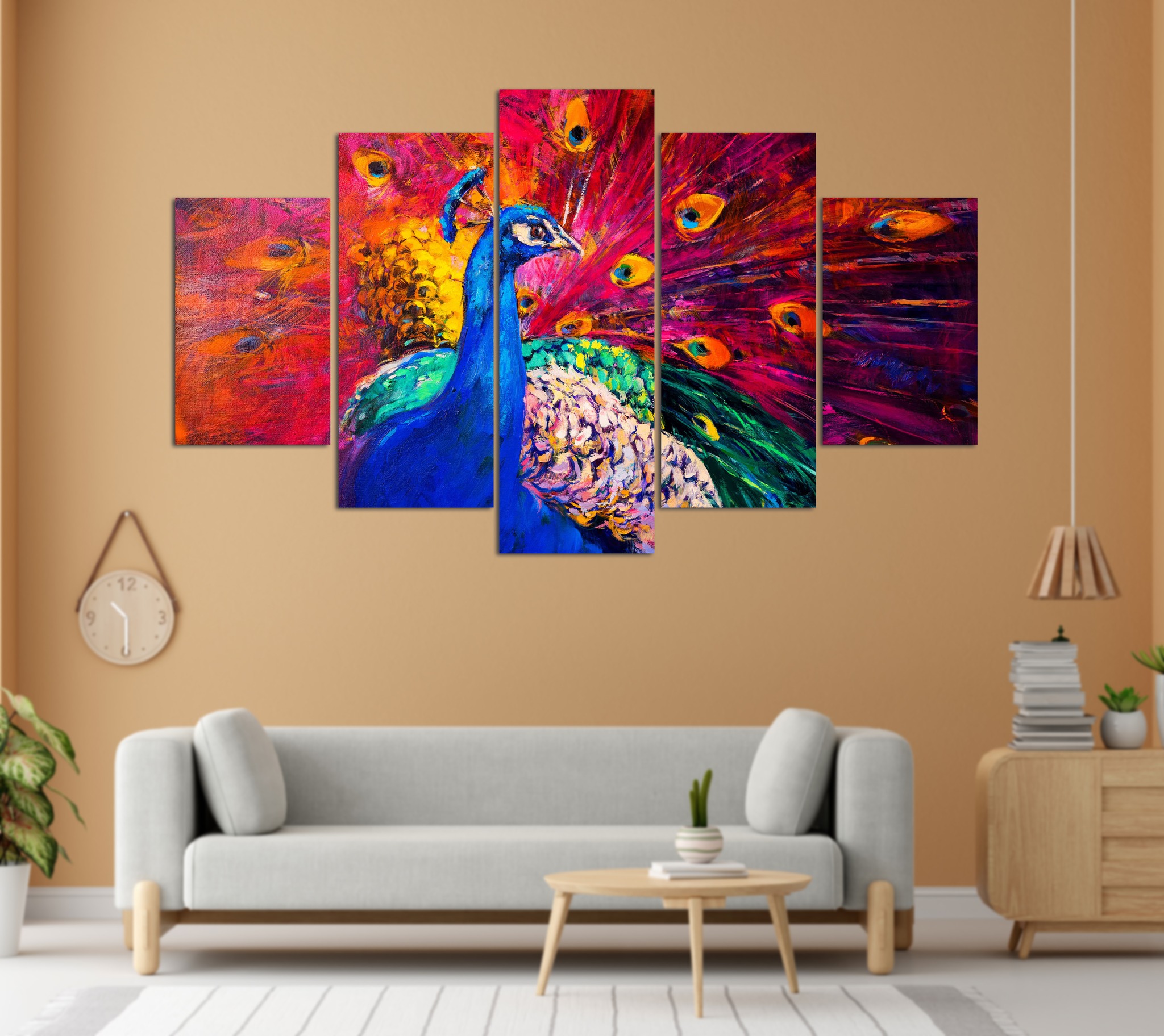 Vibrant Peacock Oil Painting 5 Panel Canvas Wall Art