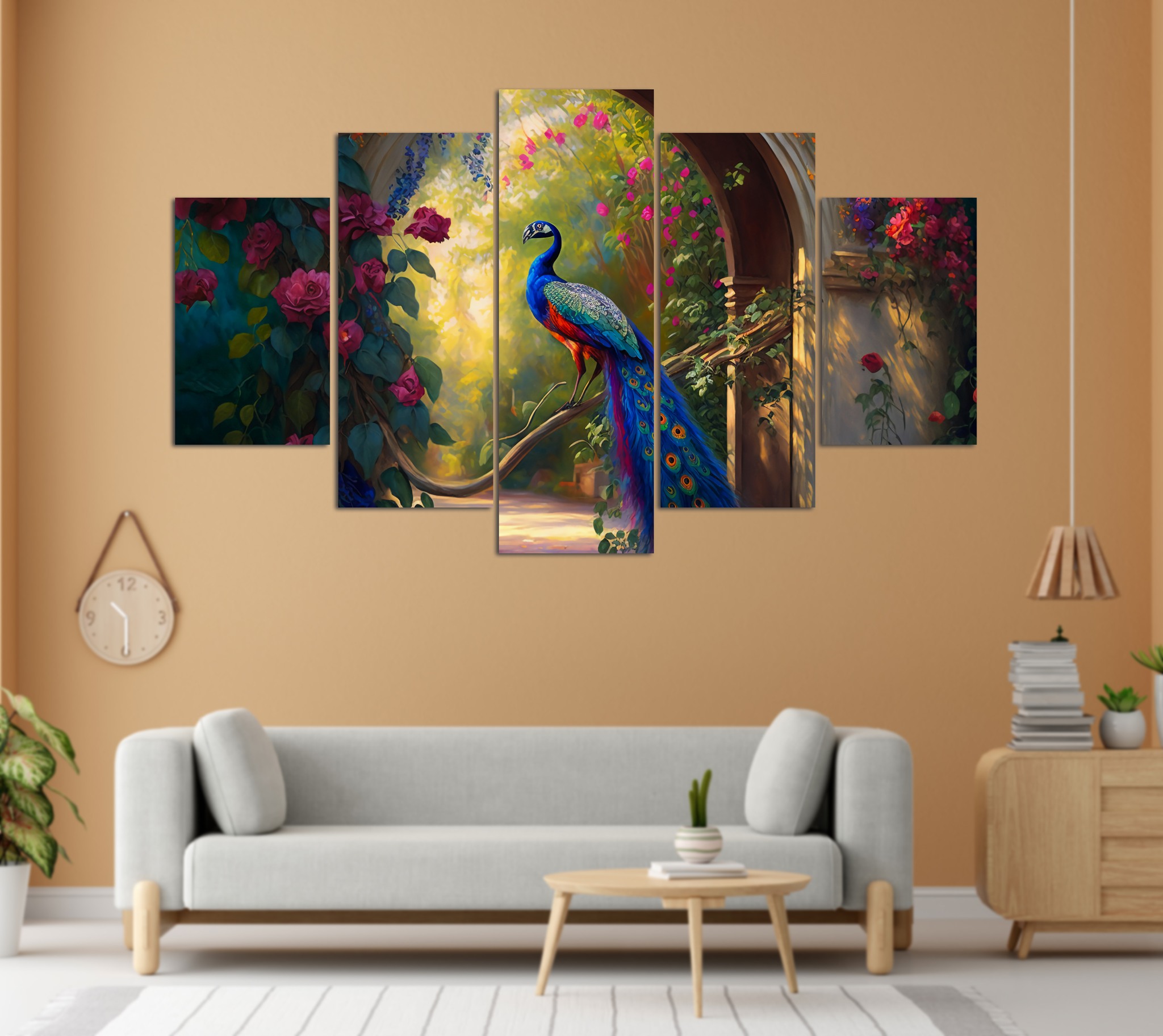 Peacock Garden Arch 5 Panel Canvas Wall Art