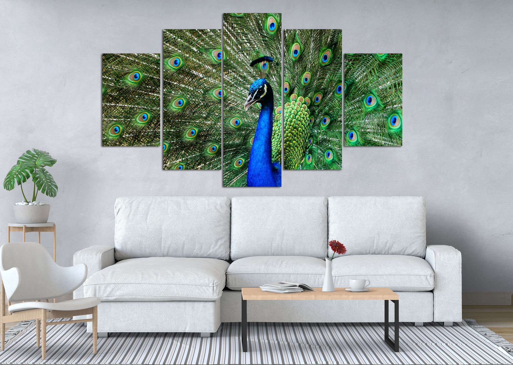 Peacock Full Feather Display 5 Panel Canvas Wall Art
