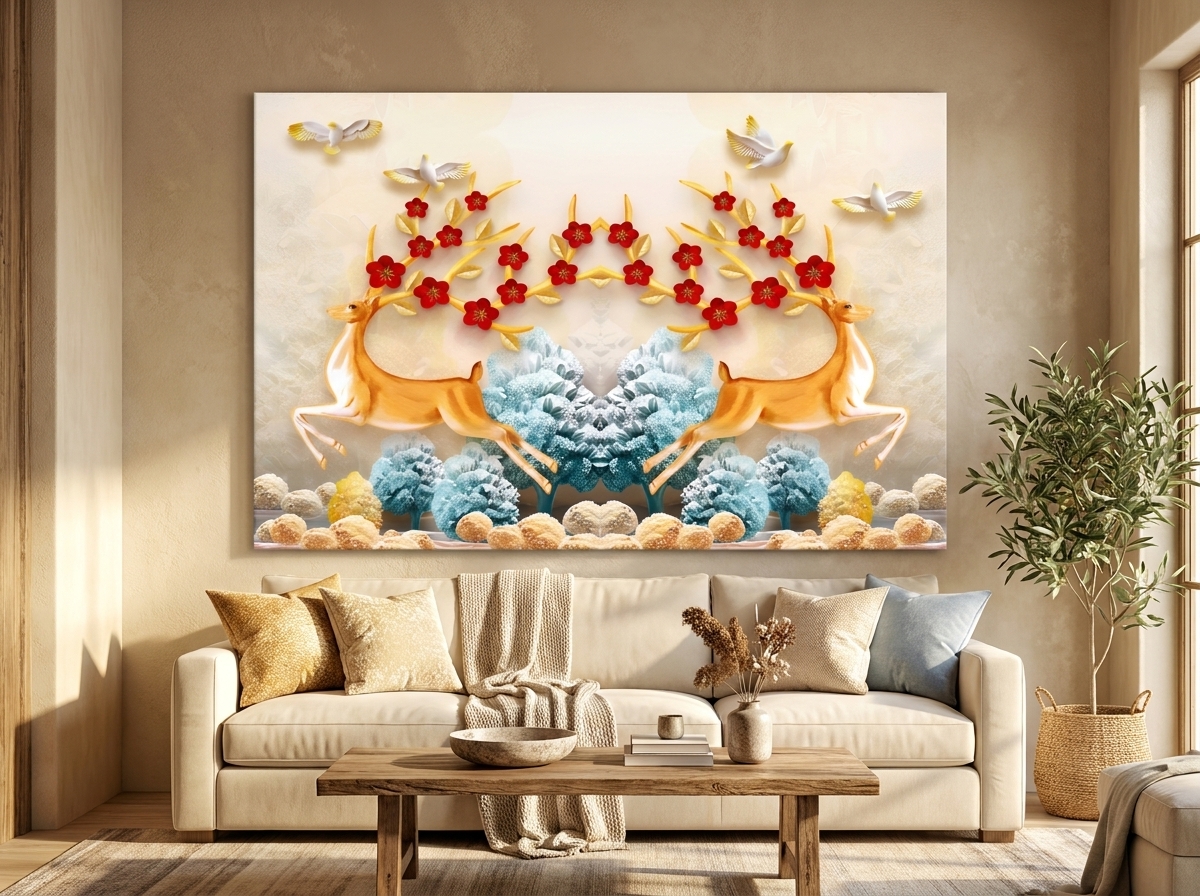 Symmetrical Golden Deer with Floral Antlers