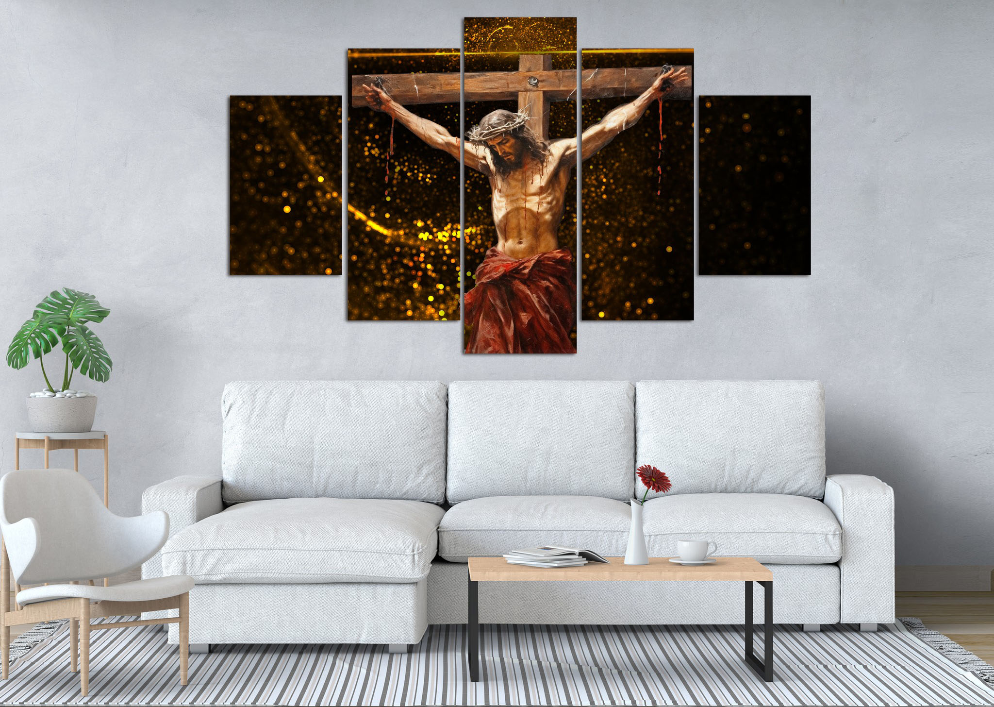 Sacred Crucifixion Jesus Christ Golden Light 5 Panel Canvas Wall Art