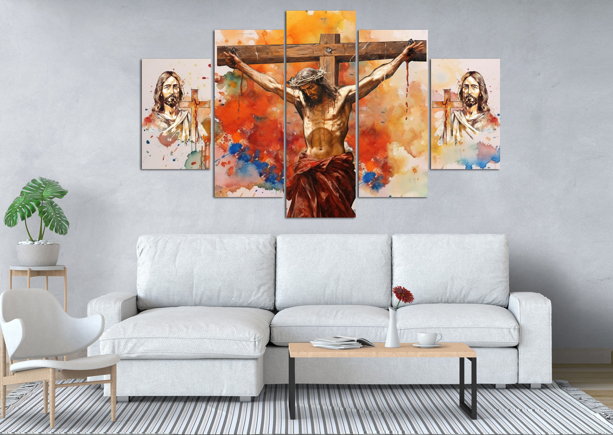 Watercolor Crucifixion Jesus Christ 5 Panel Canvas Wall Art