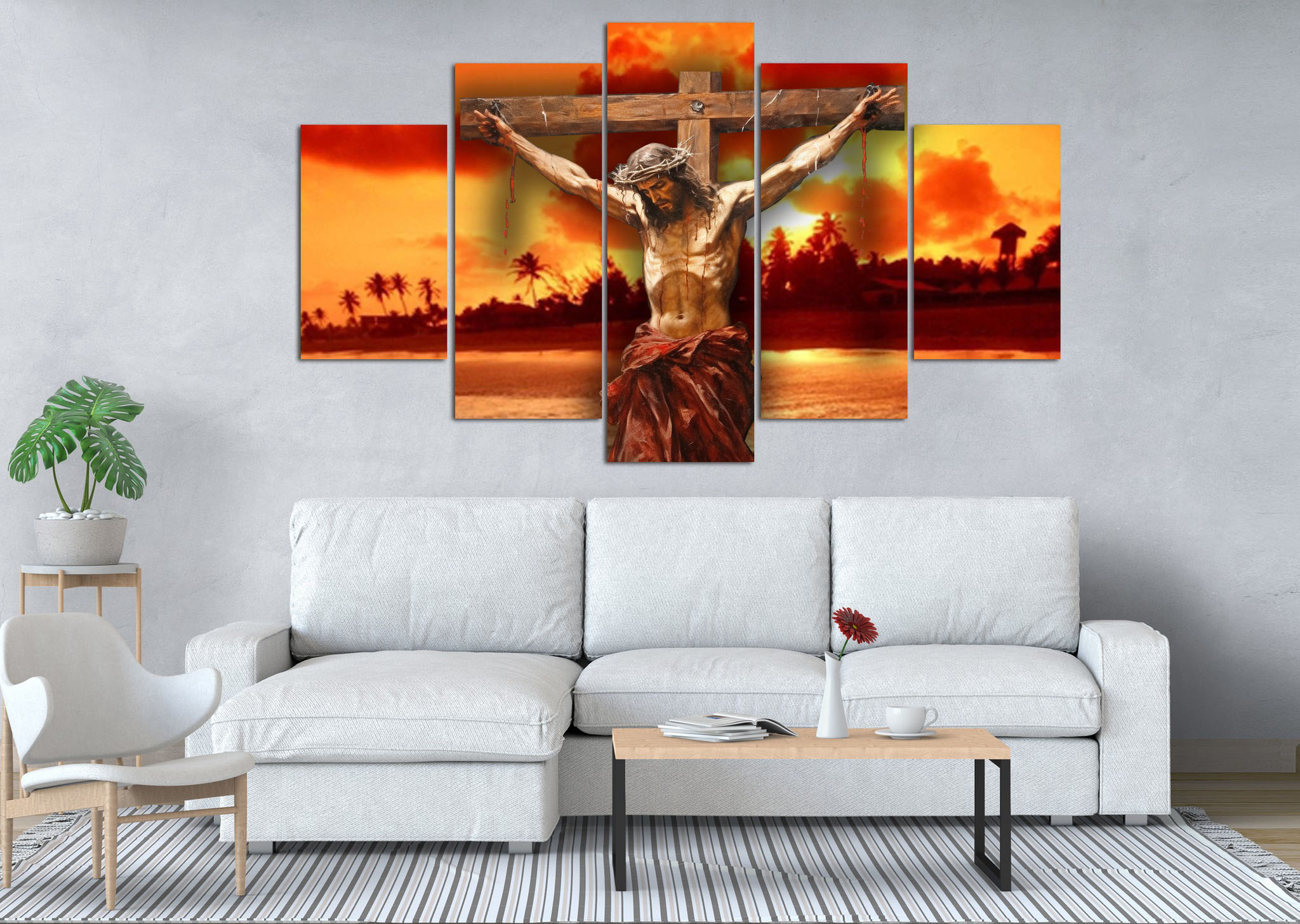 Sunset Crucifixion Jesus Christ 5 Panel Canvas Wall Art
