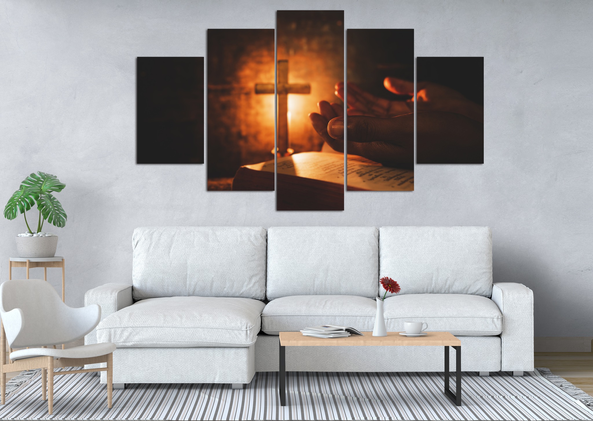 Praying Hands and Cross Bible 5 Panel Canvas Wall Art