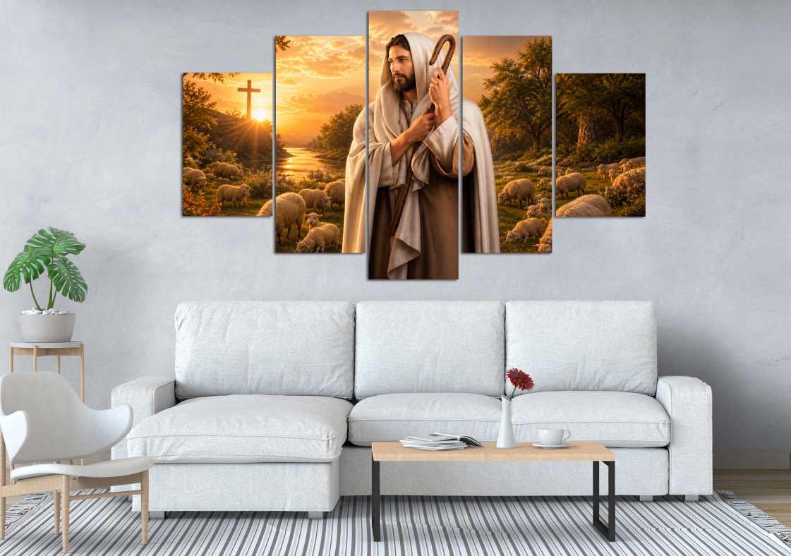 Jesus Good Shepherd Sunset 5 Panel Canvas Wall Art