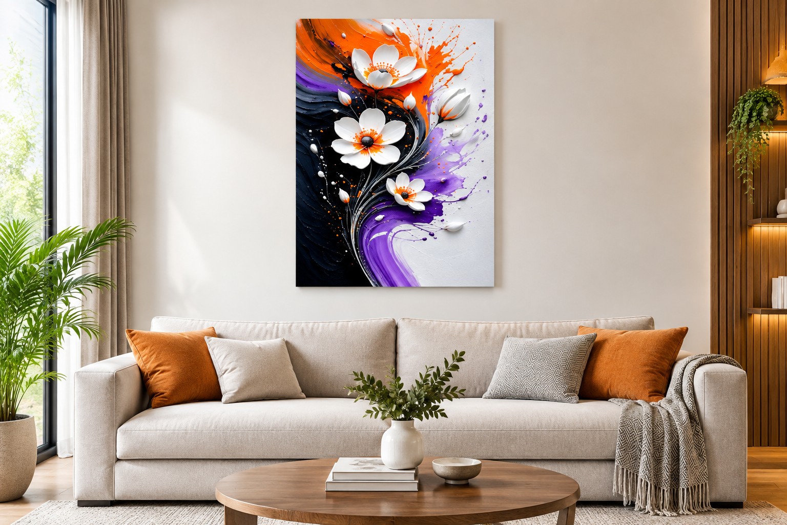 Abstract Orange and Purple Floral Splash  Canvas Wall Art