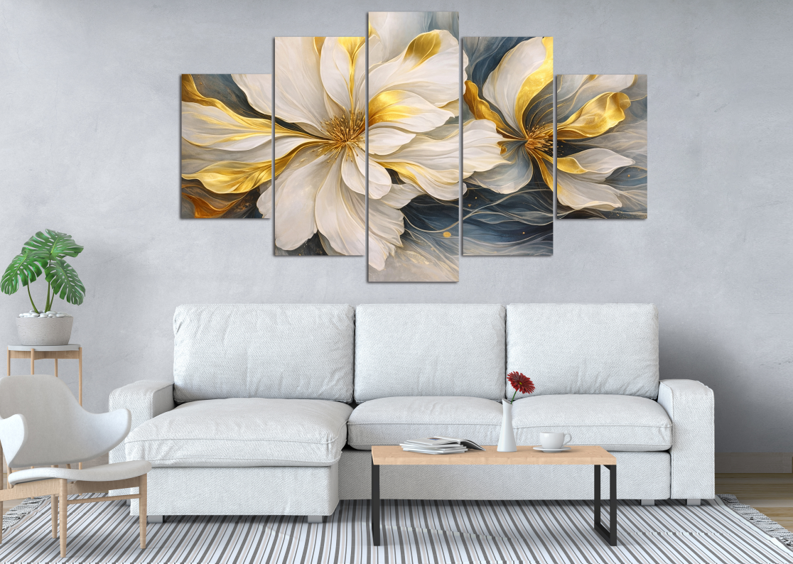 Abstract White Golden Floral 5 Panel Canvas Wall Art