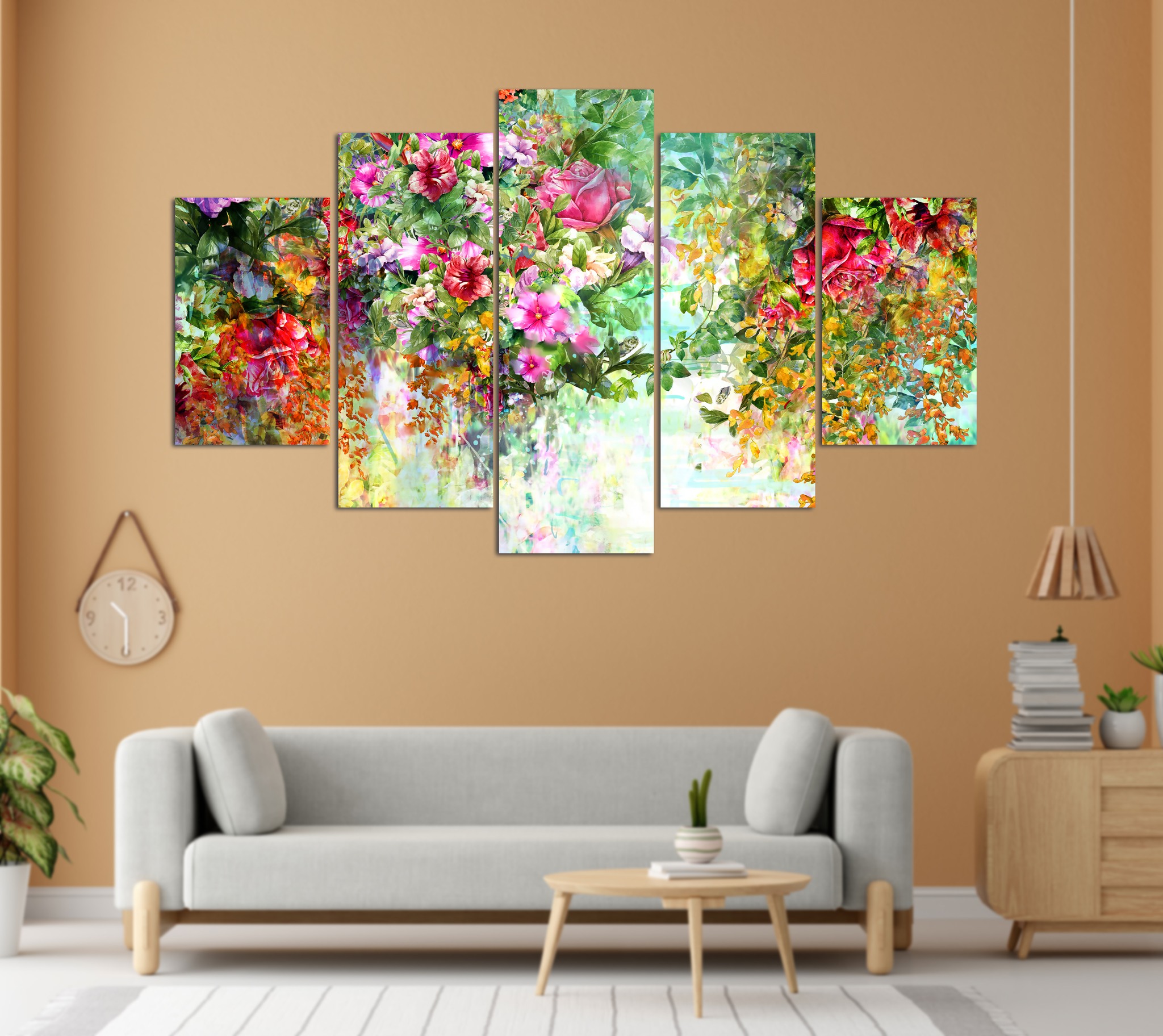 Vibrant Floral Garden Watercolor 5 Panel Canvas Wall Art