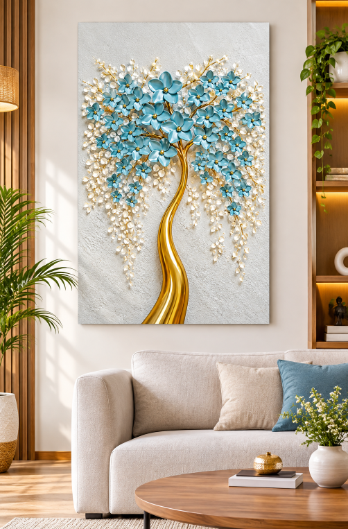 Elegant Golden Tree With Blue Flowers Wall Art
