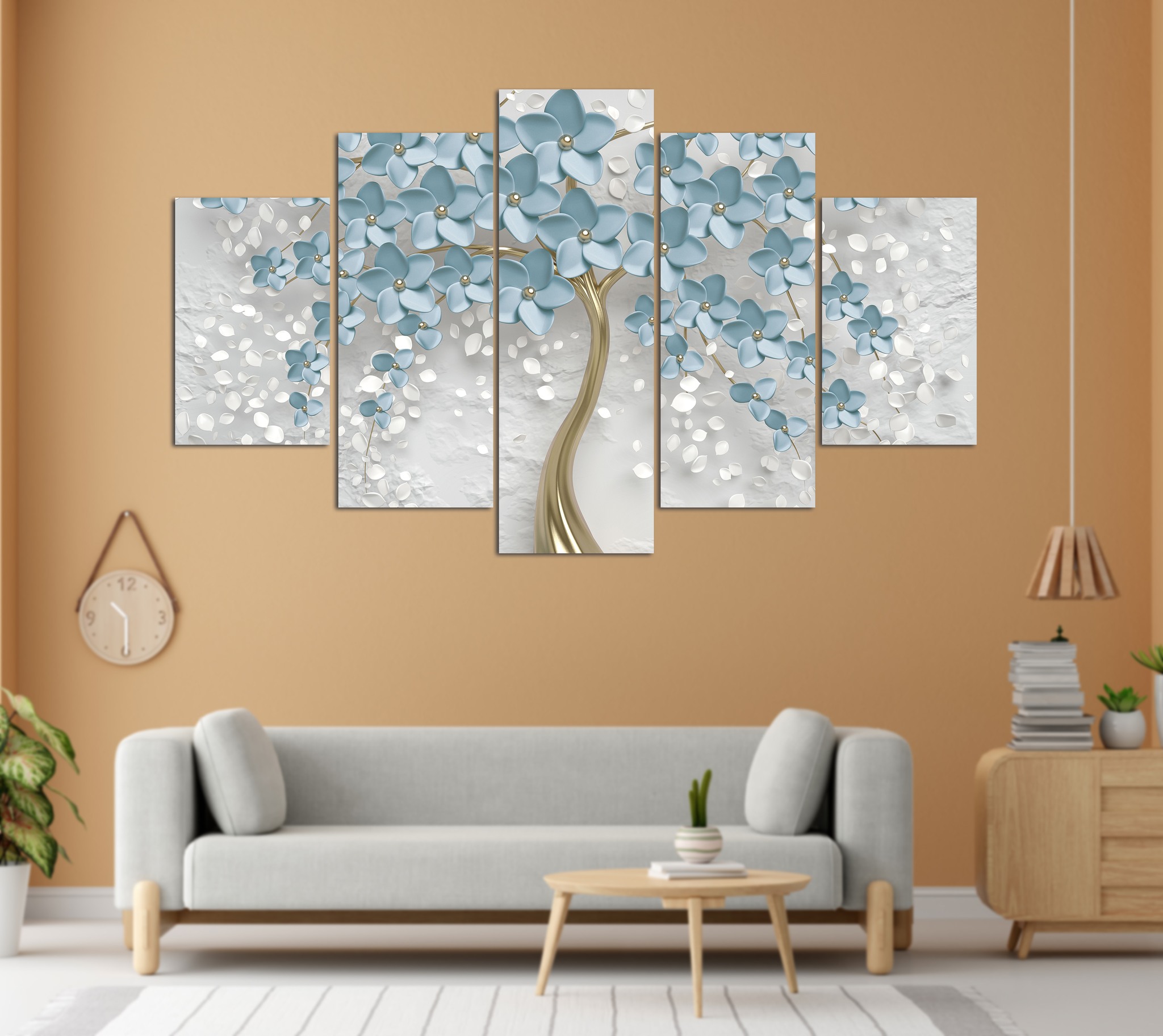 3D Blue Floral Golden Tree 5 Panel Canvas Wall Art