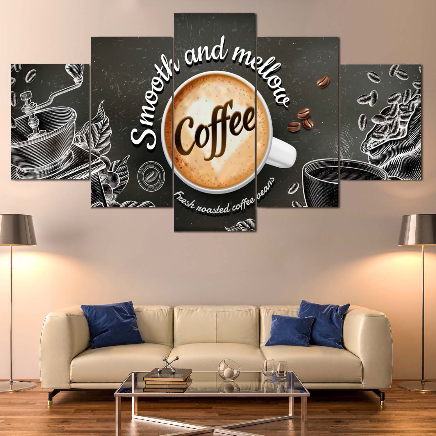 Vintage Chalkboard Smooth and Mellow Coffee 5 Panel Canvas Wall Art