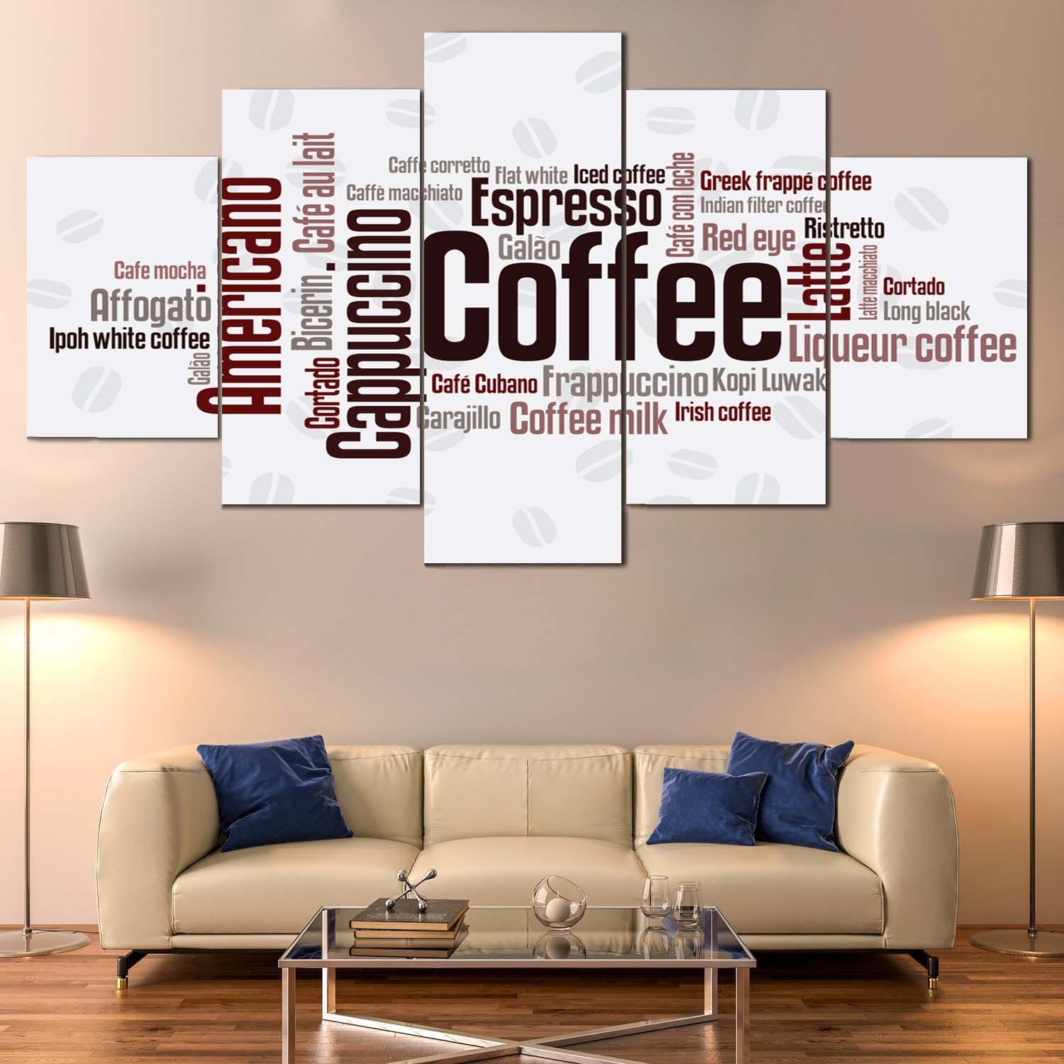 Coffee Menu Typography 5 Panel Canvas Wall Art
