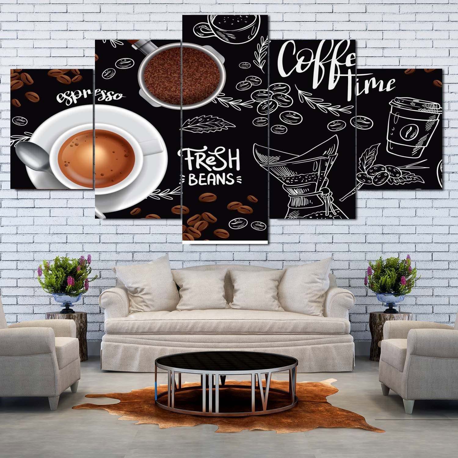 Chalkboard Coffee Time Fresh Beans 5 Panel Canvas Wall Art