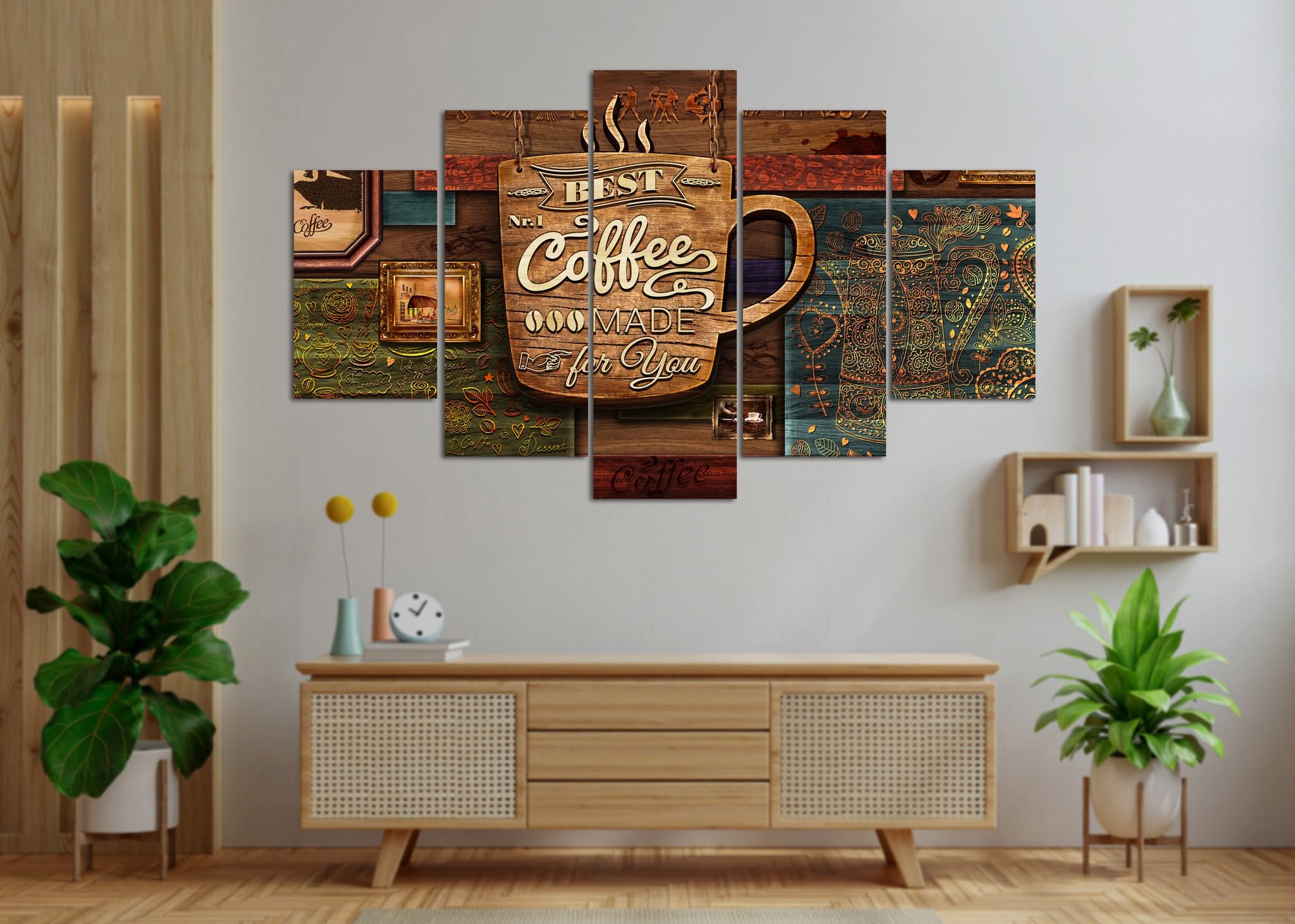 Vintage Wooden Best Coffee Sign 5 Panel Canvas Wall Art