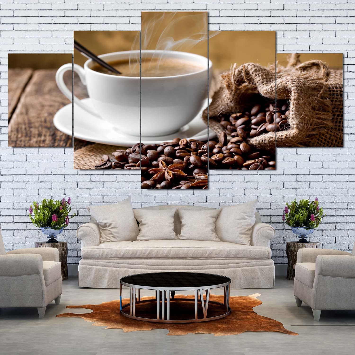 Steaming Coffee Beans Burlap Sack 5 Panel Canvas Wall Art