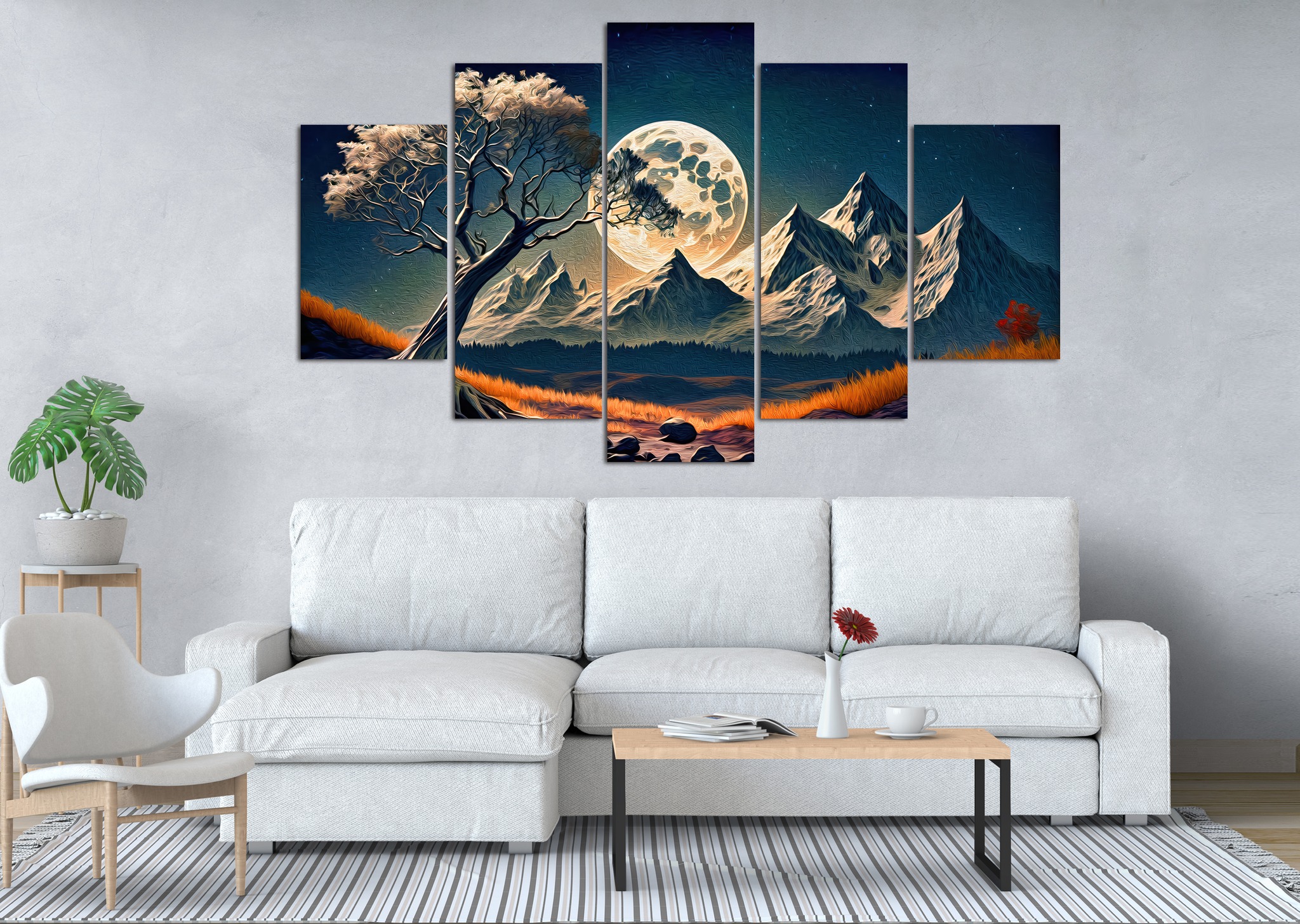 serene night landscape featuring a large full moon glowing