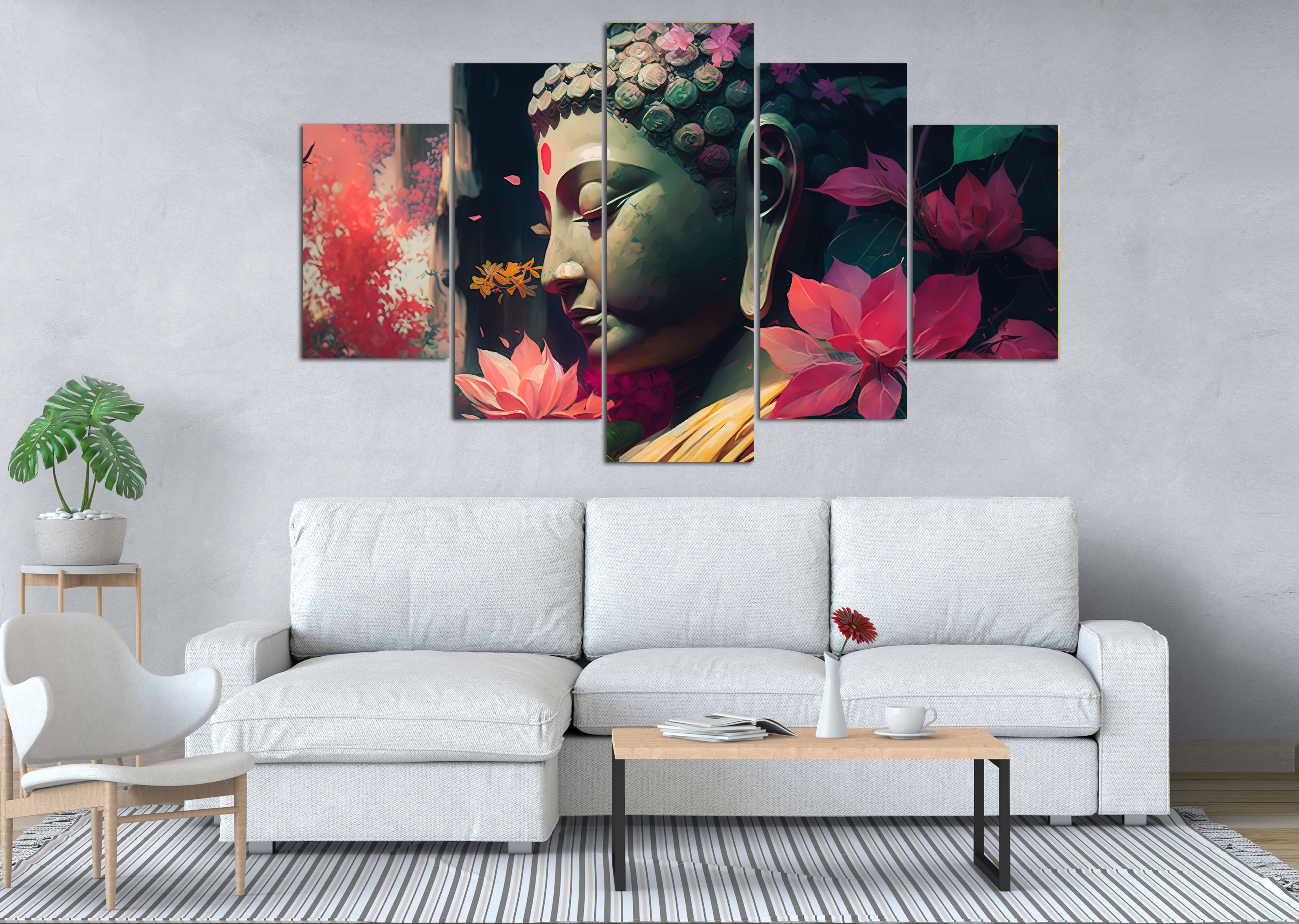 Serene Buddha Profile with Pink Blooms  Description