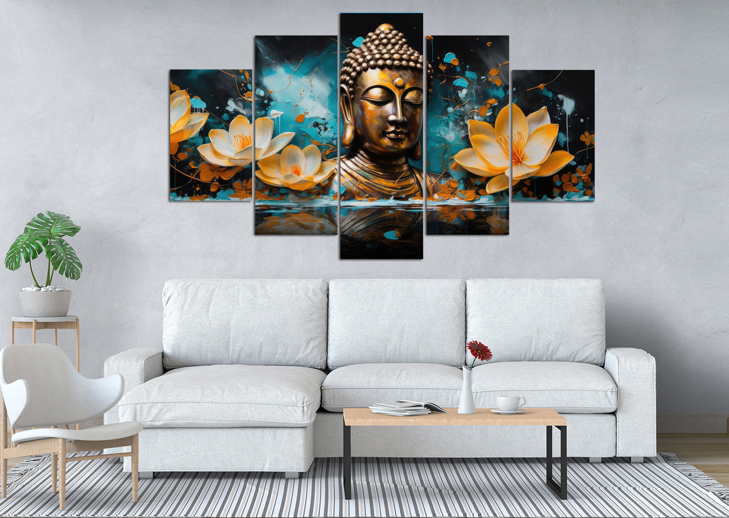 Serene Bronze Buddha and Golden Lotuses