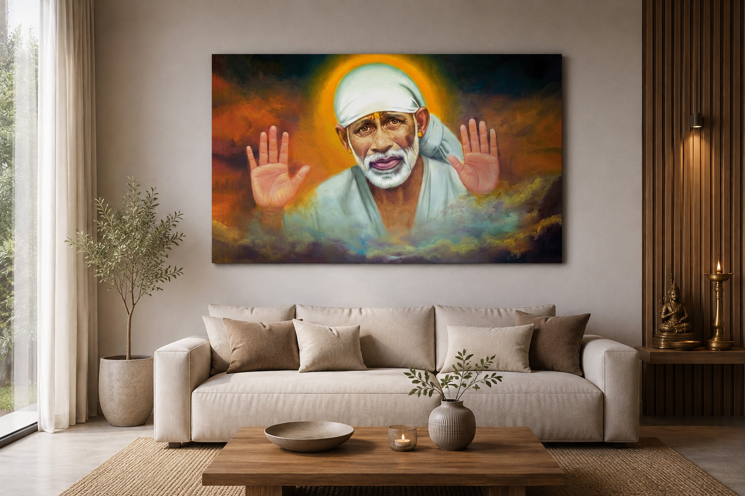 Sai Baba Blessing Golden Aura Single Panel Canvas Wall Art