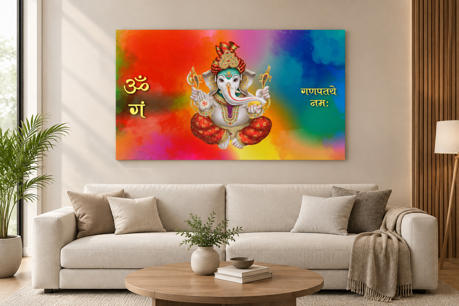 Vibrant Watercolor Om Gam Ganapataye Namaha Lord Ganesh Single Panel Canvas Wall Art