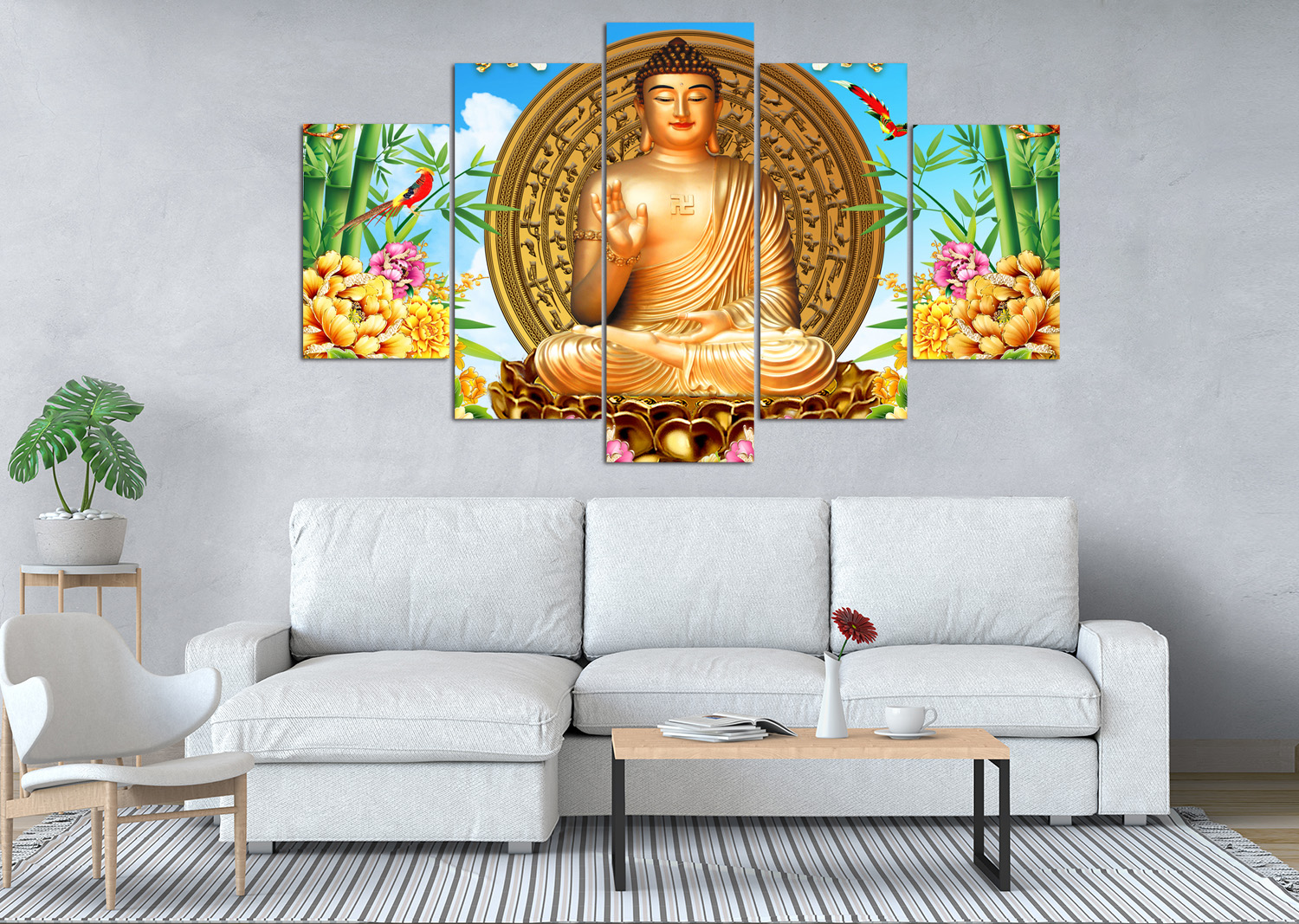 Golden Buddha in a Vibrant Bamboo Garden