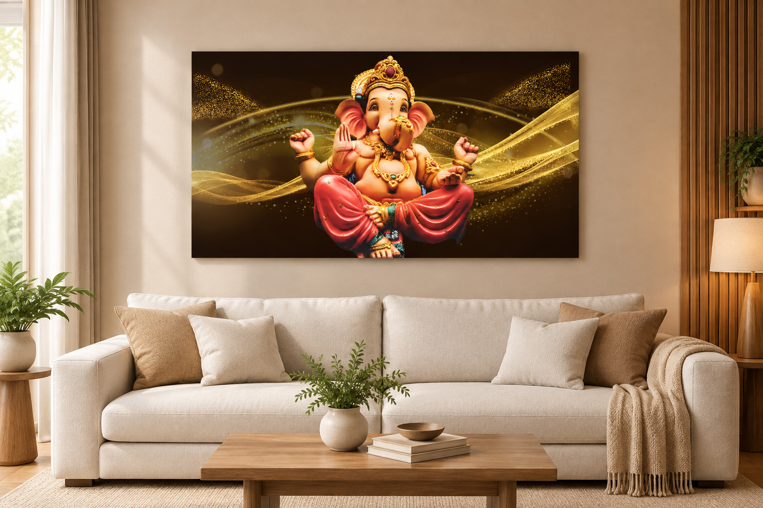 Golden Wave Divine Ganesh Single Panel Canvas Wall Art