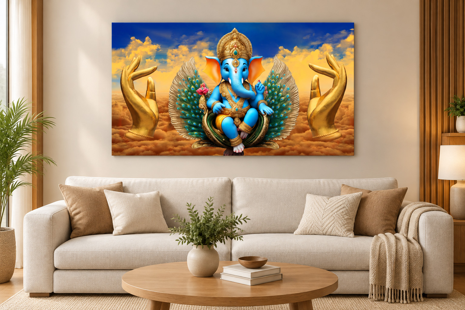 Divine Blue Lord Ganesh Peacock Throne Single Panel Canvas Wall Art