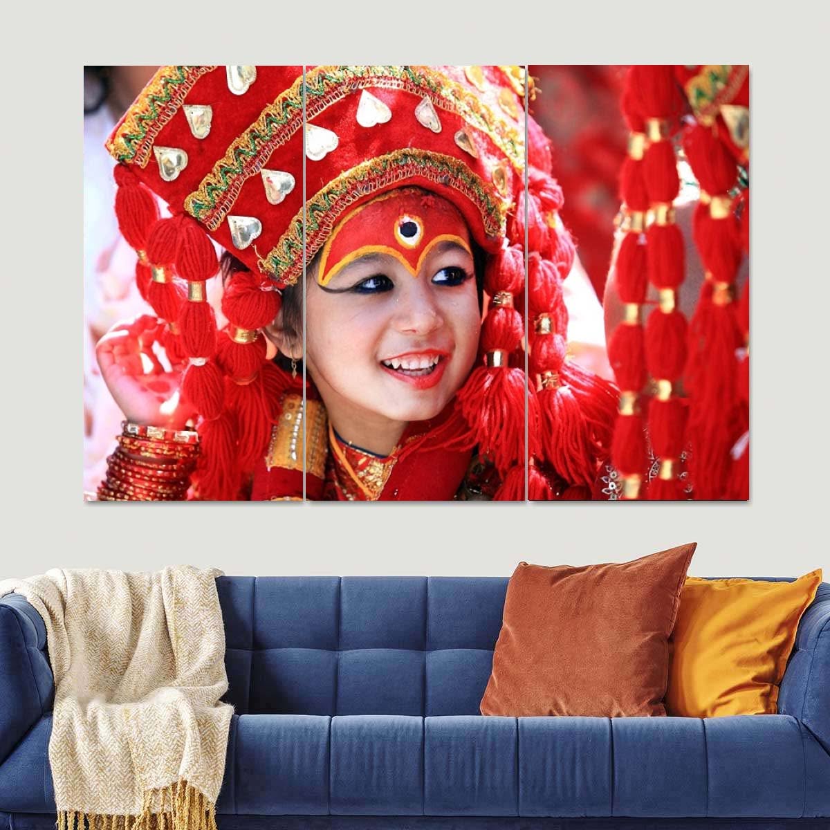 Kumari Living Goddess Portrait 3 Panel Canvas Wall Art