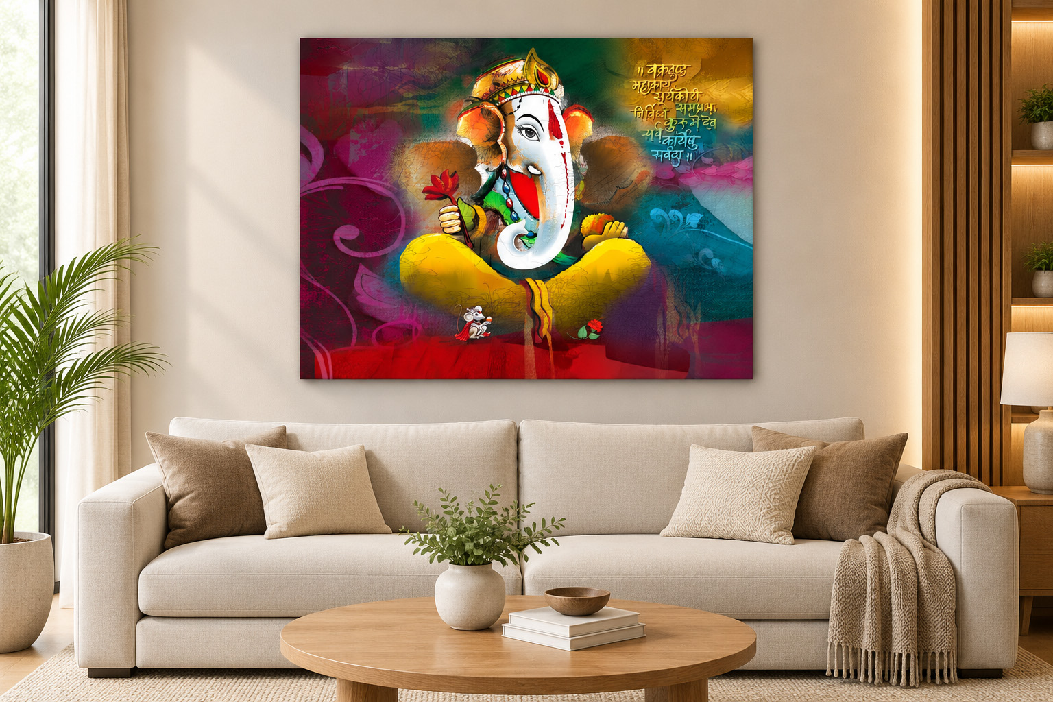 Artistic Lord Ganesh Sanskrit Mantra Single Panel Canvas Wall Art