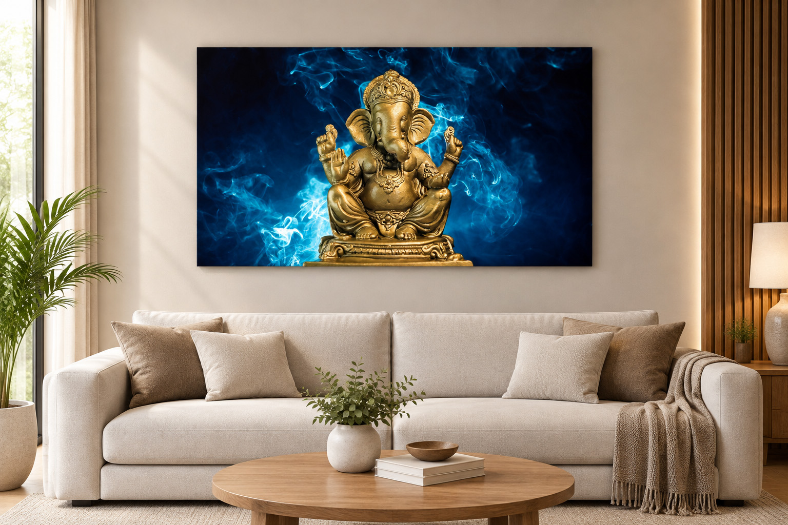Mystic Brass Lord Ganesh Blue Smoke Single Panel Canvas Wall Art