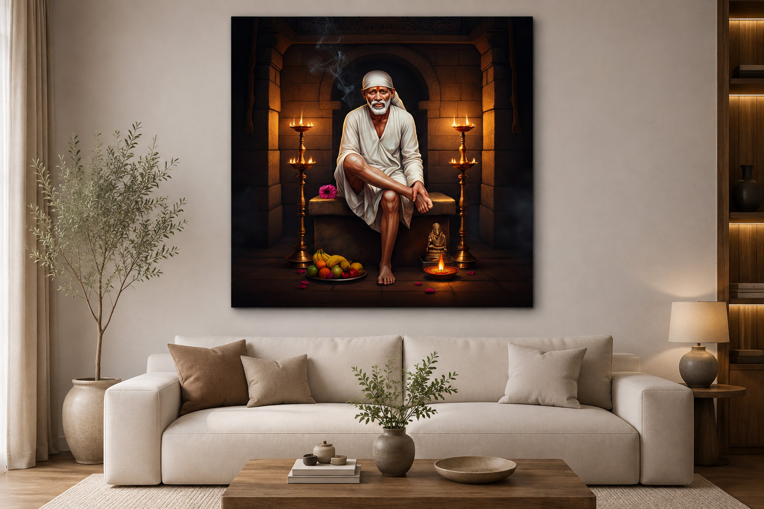 Sai Baba Sanctuary Sacred Oil Lamps Single Panel Canvas Wall Art
