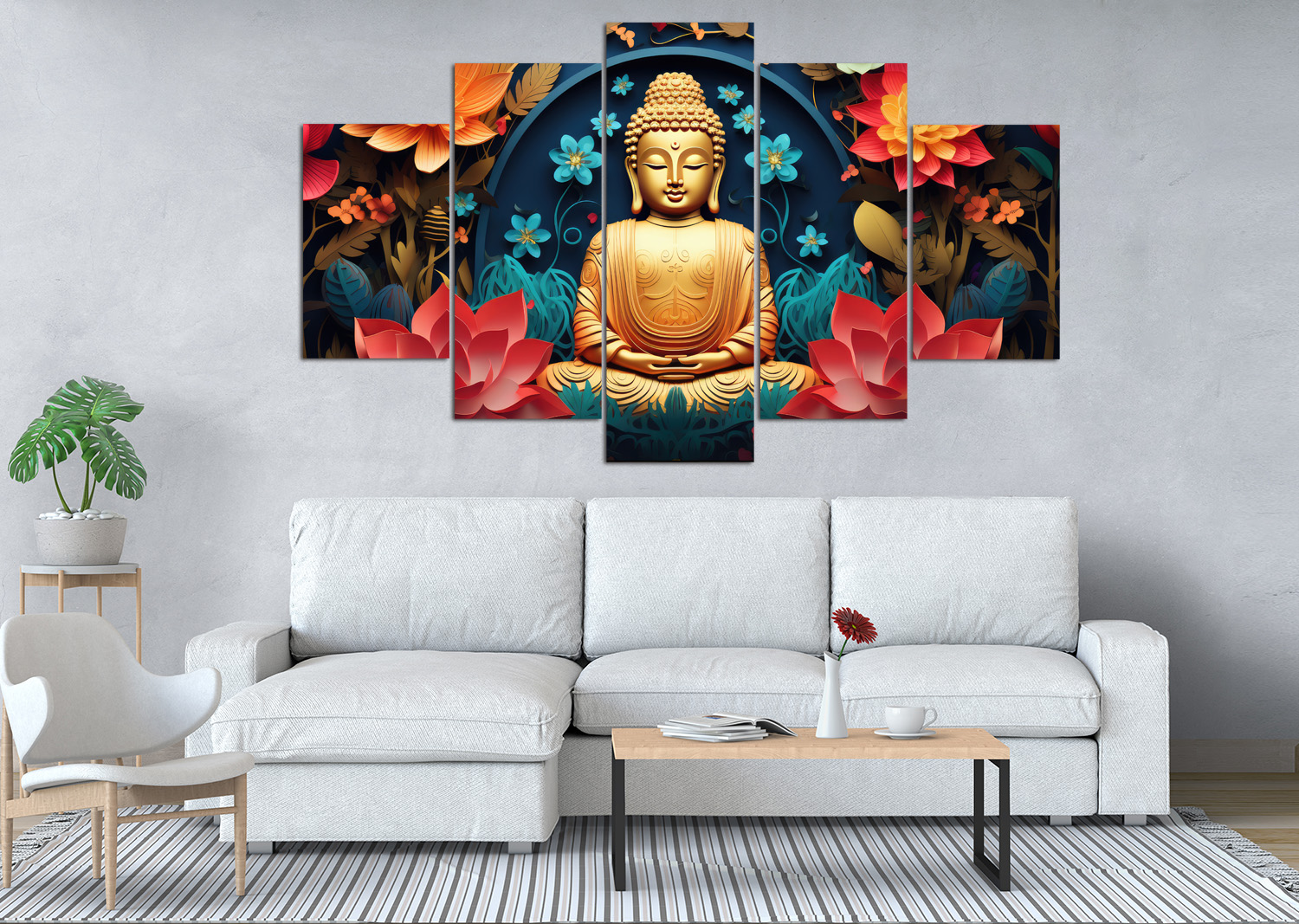 Golden Buddha in Vibrant Floral Harmony