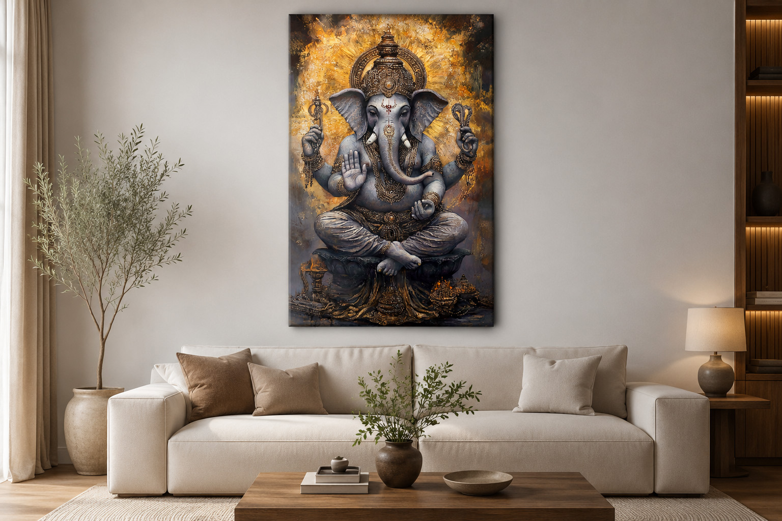 Divine Golden Lord Ganesh Blessing Single Panel Canvas Wall Art