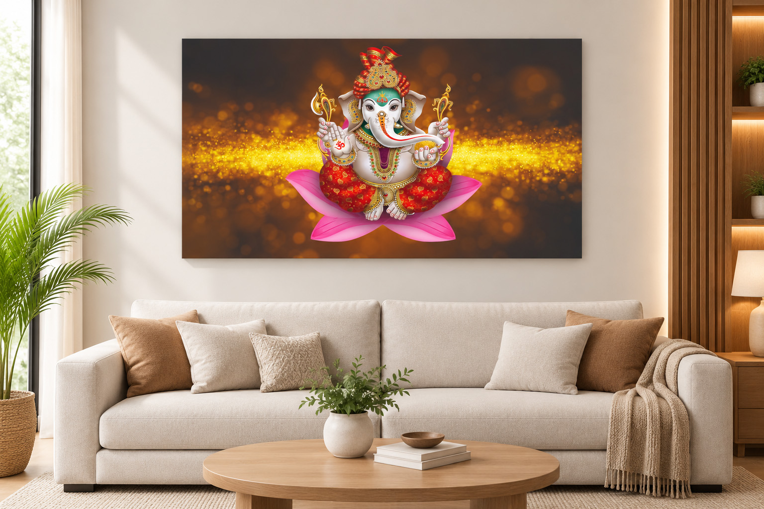 Auspicious Pink Lotus Lord Ganesh Single Panel Canvas Wall Art