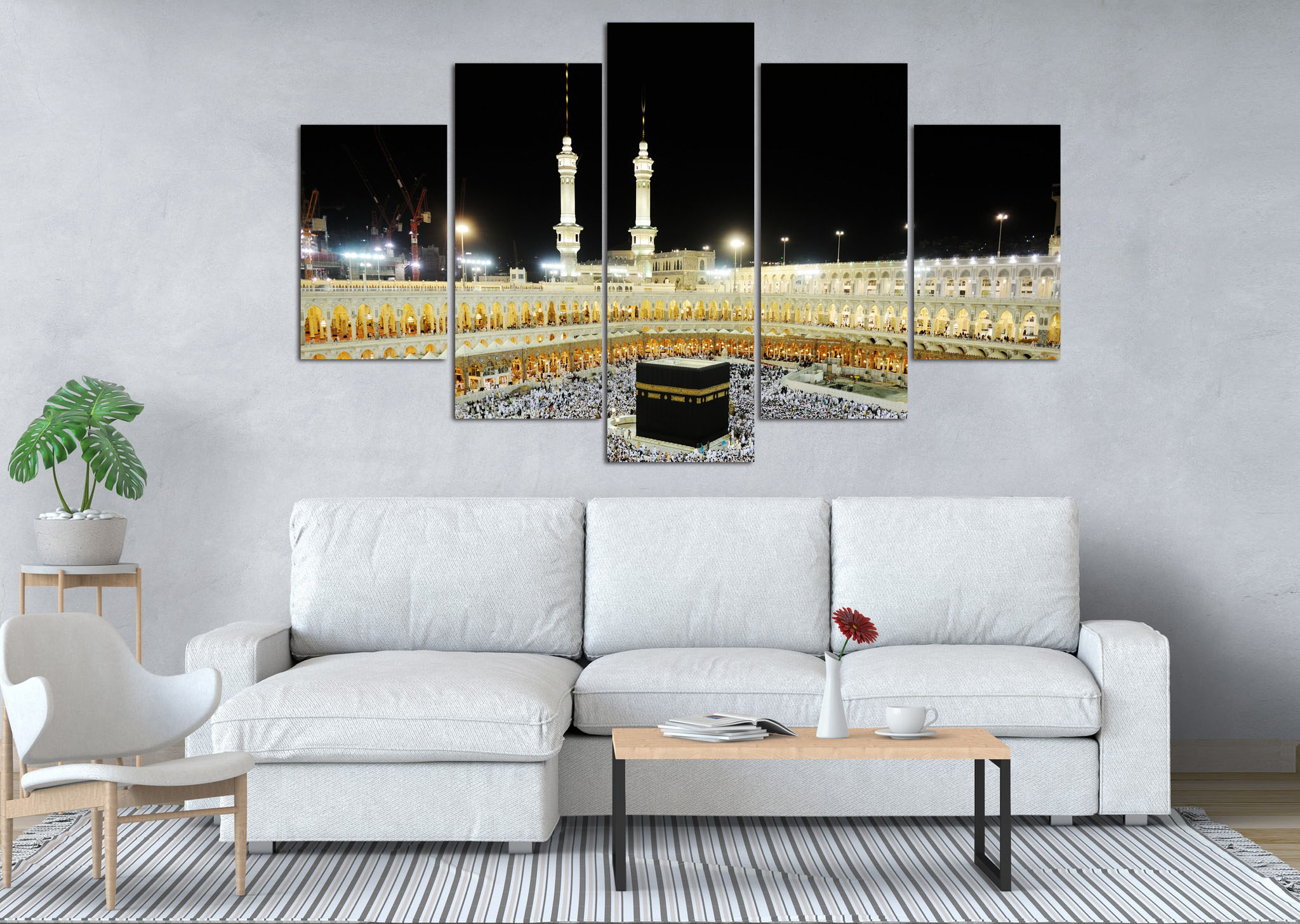Illuminated Kaaba Mecca Night 5 Panel Canvas Wall Art