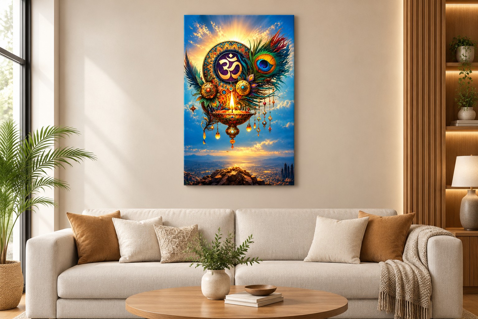 Om Diya & Peacock Feather Spiritual Art